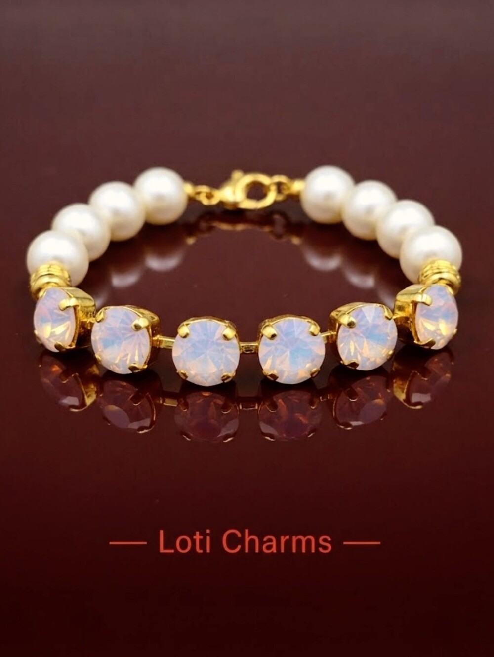 Pink Rosewater Opal Crystal & White Baroque Pearls In Gold Plated Bracelet